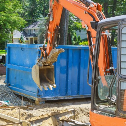Group of excavator working on a construction site mini excavator and trash container construction dumpsters